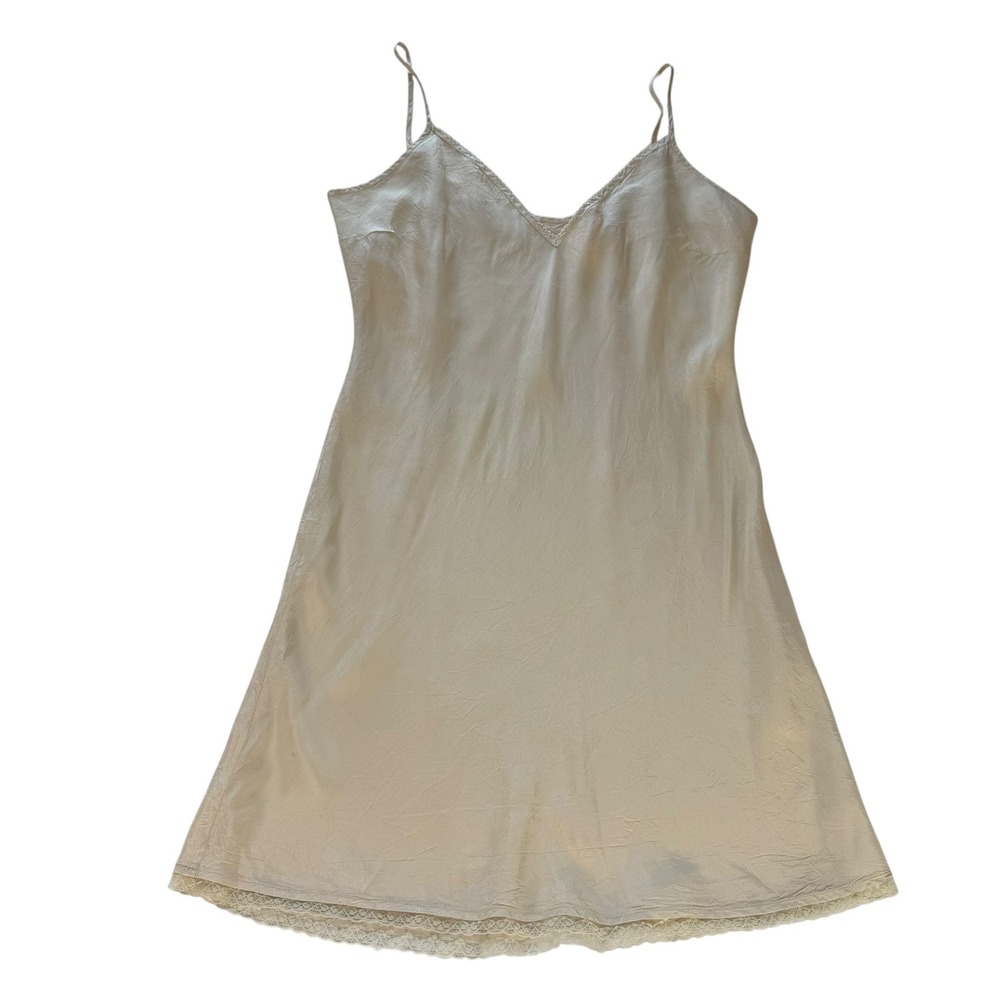 Champagne Crinkle Lace Trim V-Neck Slip Dress Adjustable Straps Ivory Mini Dress